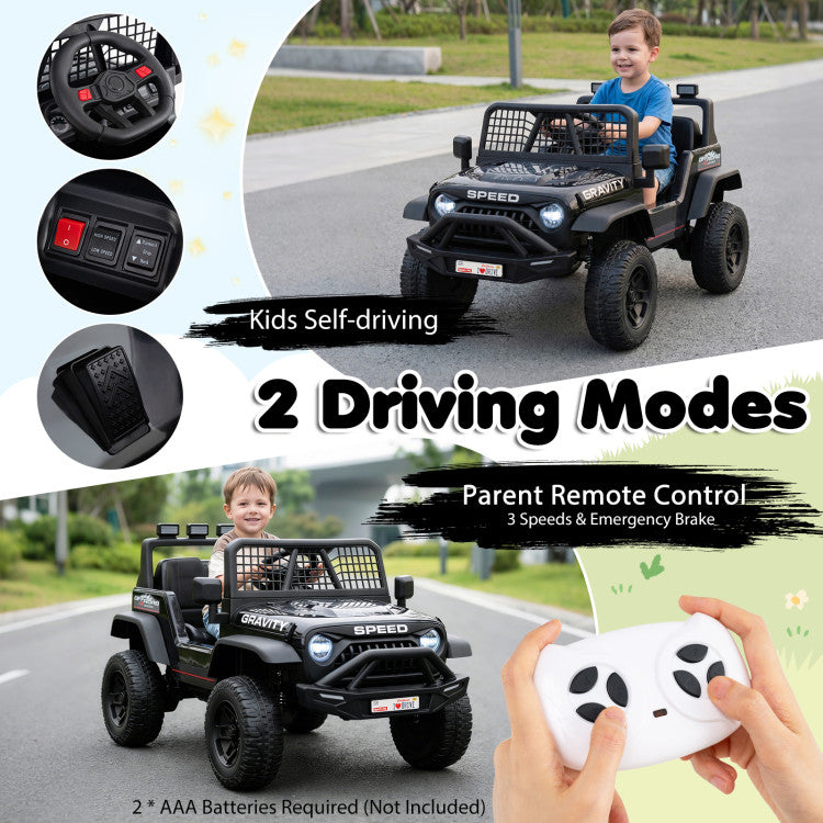 Children's electric toy car with remote control and driving modes on a road.