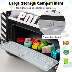 Toy storage compartment with colorful blocks and text highlighting features