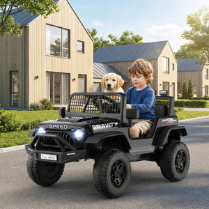 Child driving a toy off-road vehicle with a dog in the backseat, in front of a modern house.