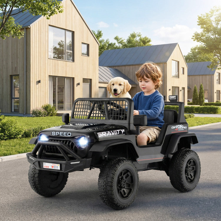 Child driving a toy off-road vehicle with a dog in the backseat, in front of a modern house.
