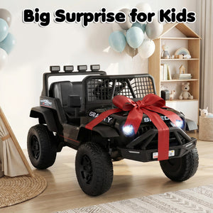 Toy car with a red bow in a room with balloons and shelves.