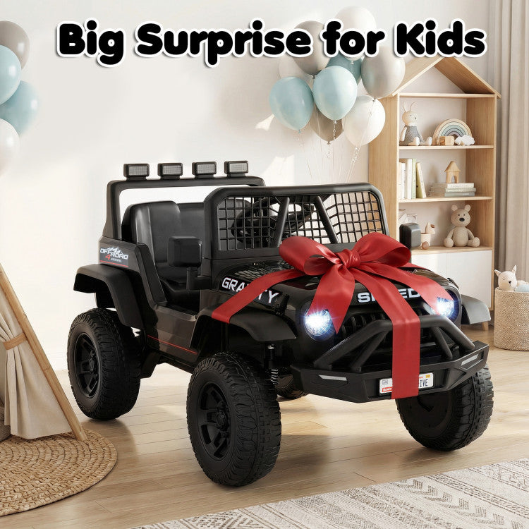 Toy car with a red bow in a room with balloons and shelves.