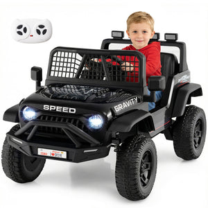 Child sitting in a black toy off-road vehicle with 'Speed' and 'Gravity' branding on a white background.1