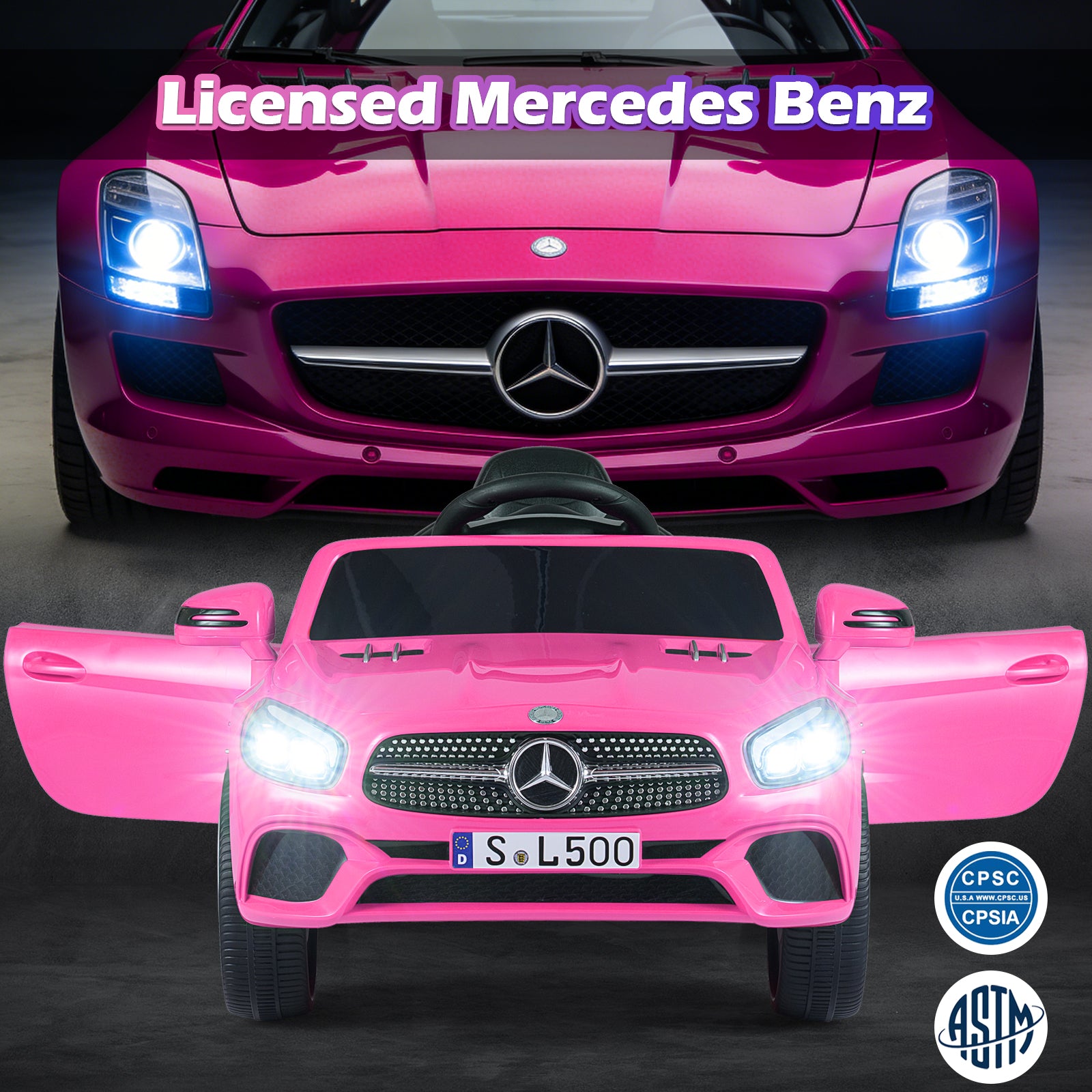 Pink toy car with Mercedes-Benz logo and 'Licensed Mercedes Benz' text above it.