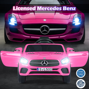 Pink toy car with Mercedes-Benz logo and 'Licensed Mercedes Benz' text above it.