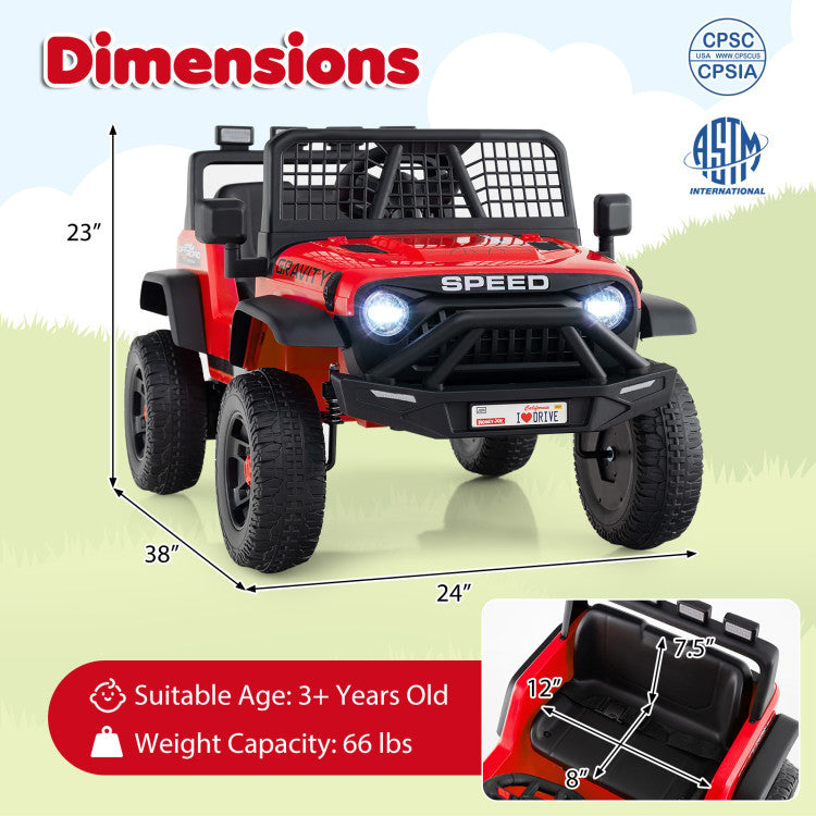 Red toy jeep with dimensions and safety certification logos on a green background
