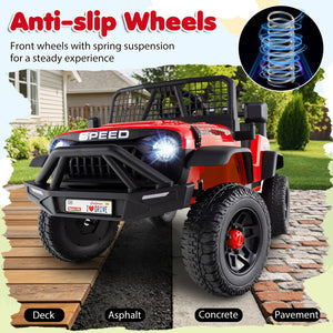 Red toy off-road vehicle with anti-slip wheels and spring suspension on a pathway.