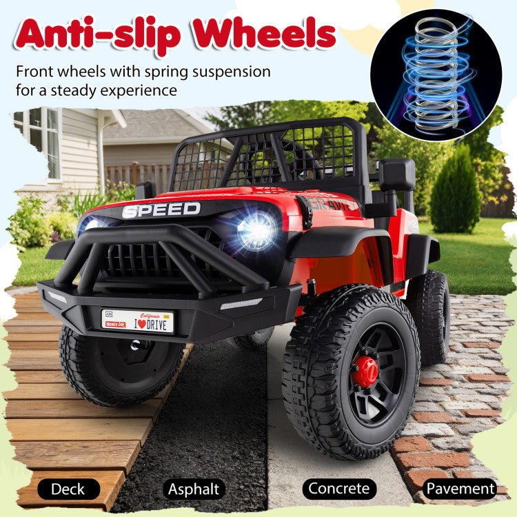 Red toy off-road vehicle with anti-slip wheels and spring suspension on a pathway.