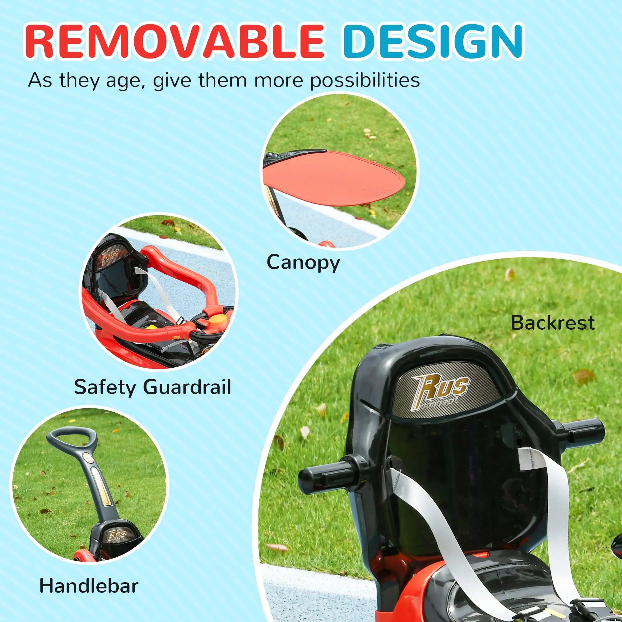 Ride-on car featuring horn and music buttons for toddlers