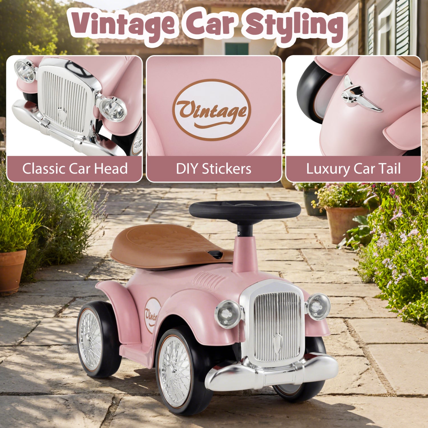 Pink vintage-style ride-on toy with customizable parts on a stone path.