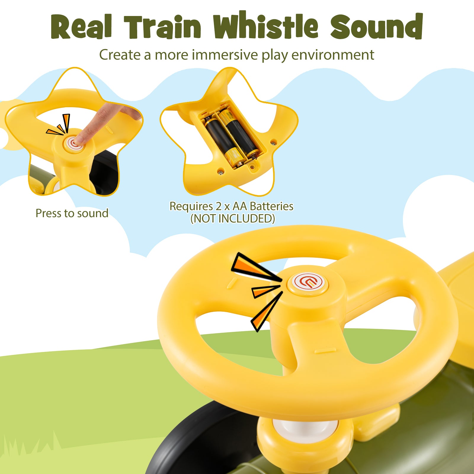 Toy train whistle with battery compartment and instructions on a scenic background