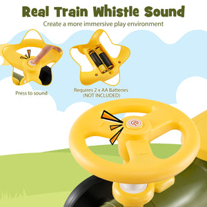 Toy train whistle with battery compartment and instructions on a scenic background