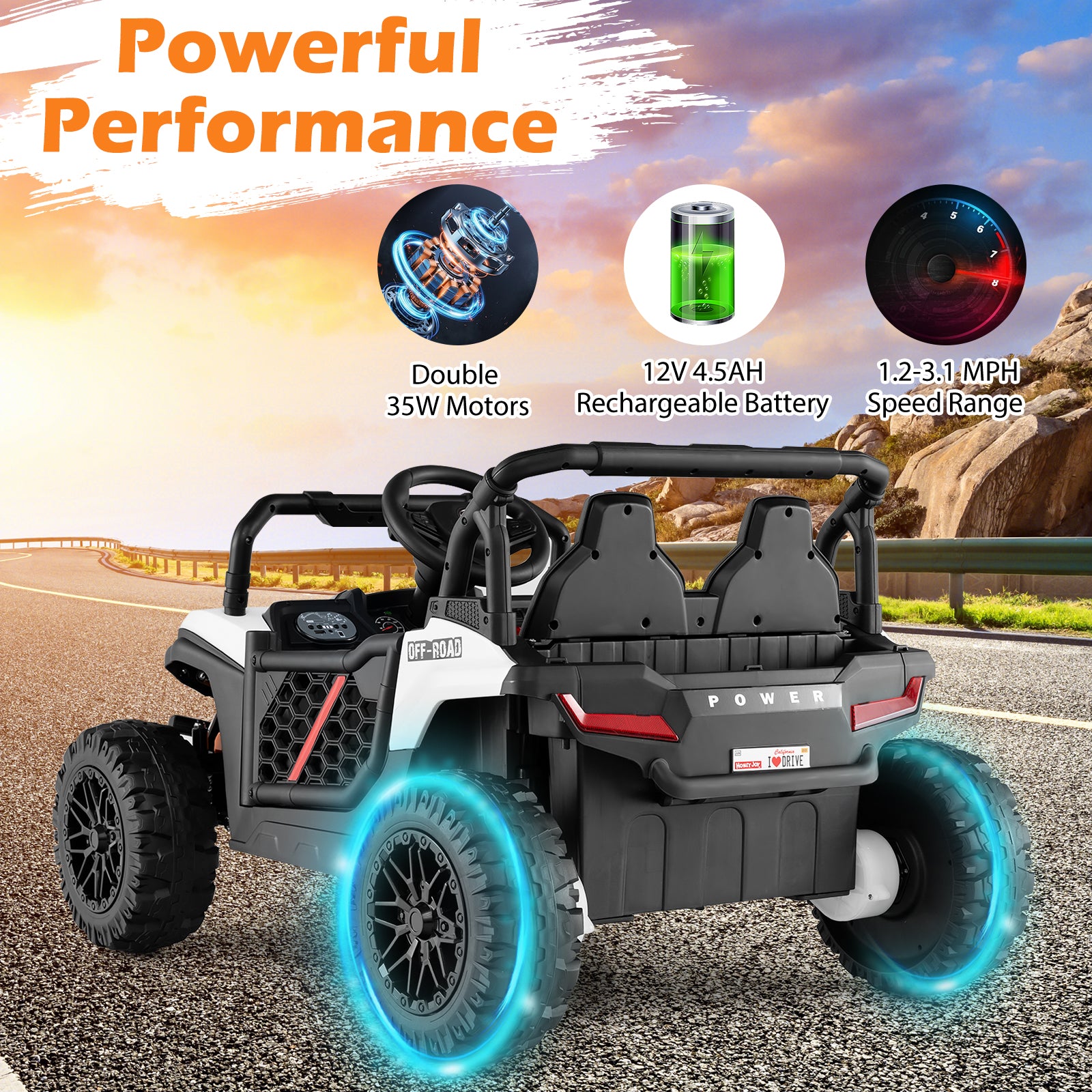Children's off-road vehicle with specifications on a scenic road background