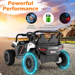 Children's off-road vehicle with specifications on a scenic road background