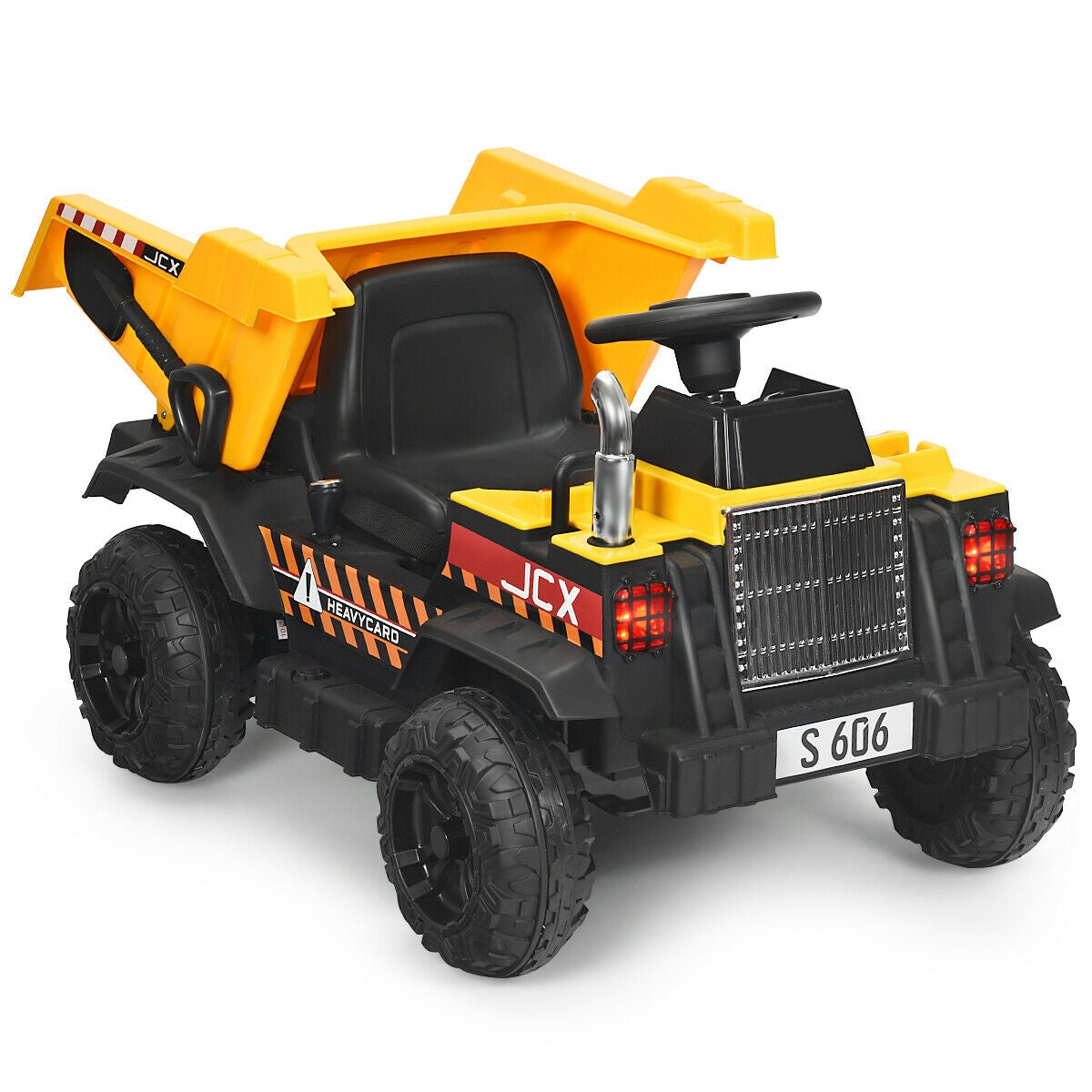 Toy dump truck with black and yellow colors on a white background