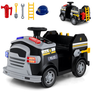 Toy police car with accessories on a white background