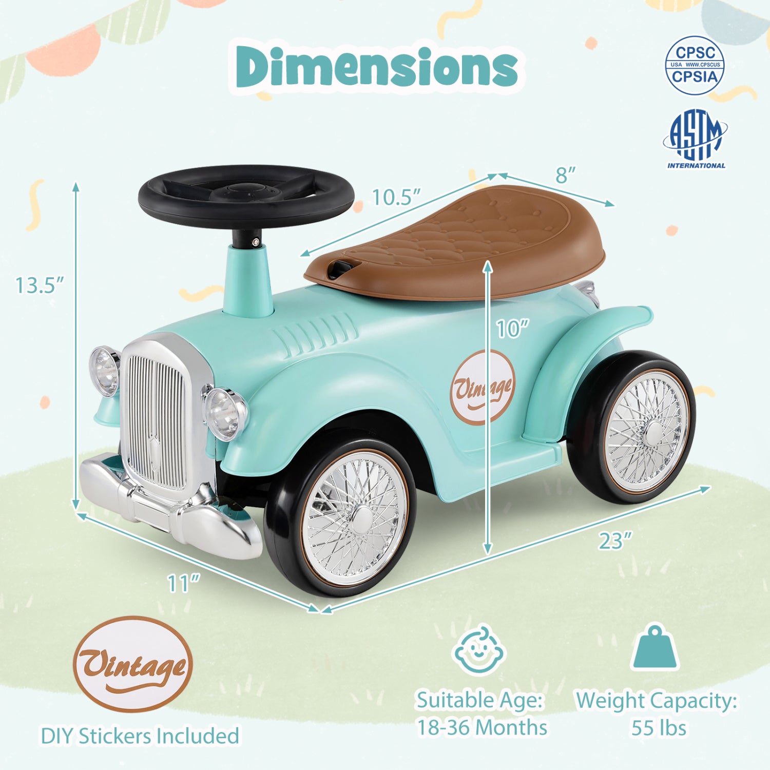 Measurement chart of a vintage-style toy car with dimensions and safety certification logos.