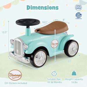Measurement chart of a vintage-style toy car with dimensions and safety certification logos.