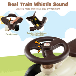 Toy train whistle with battery compartment and instructions on how to use it.