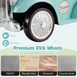 Close-up of a vintage car wheel with 'Premium EVA Wheels' text and surface compatibility icons.