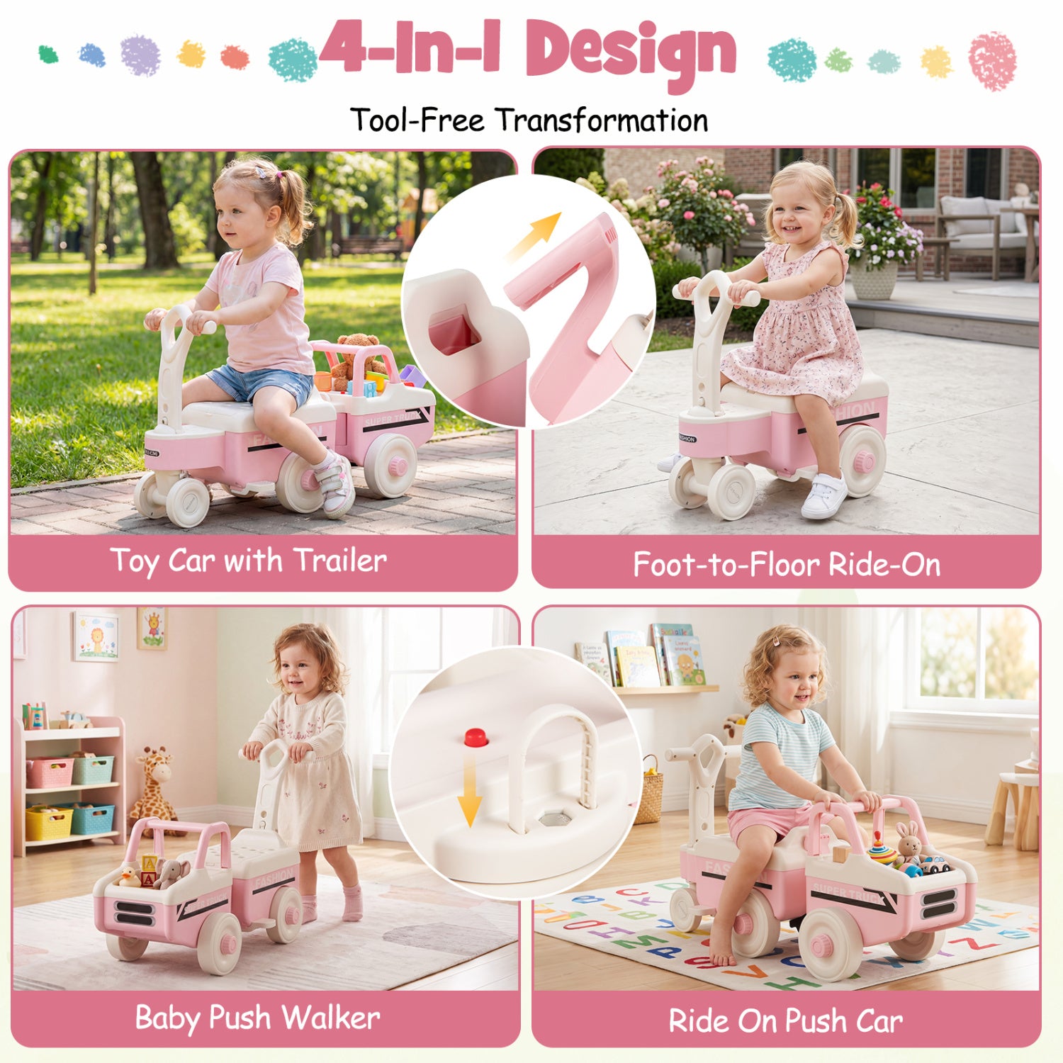 4-in-1 design toy car with trailer, foot-to-floor ride-on, baby push walker, and ride-on push car for children.