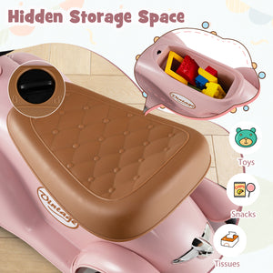 Pink toy with hidden storage space for toys, snacks, and tissues on a light background.
