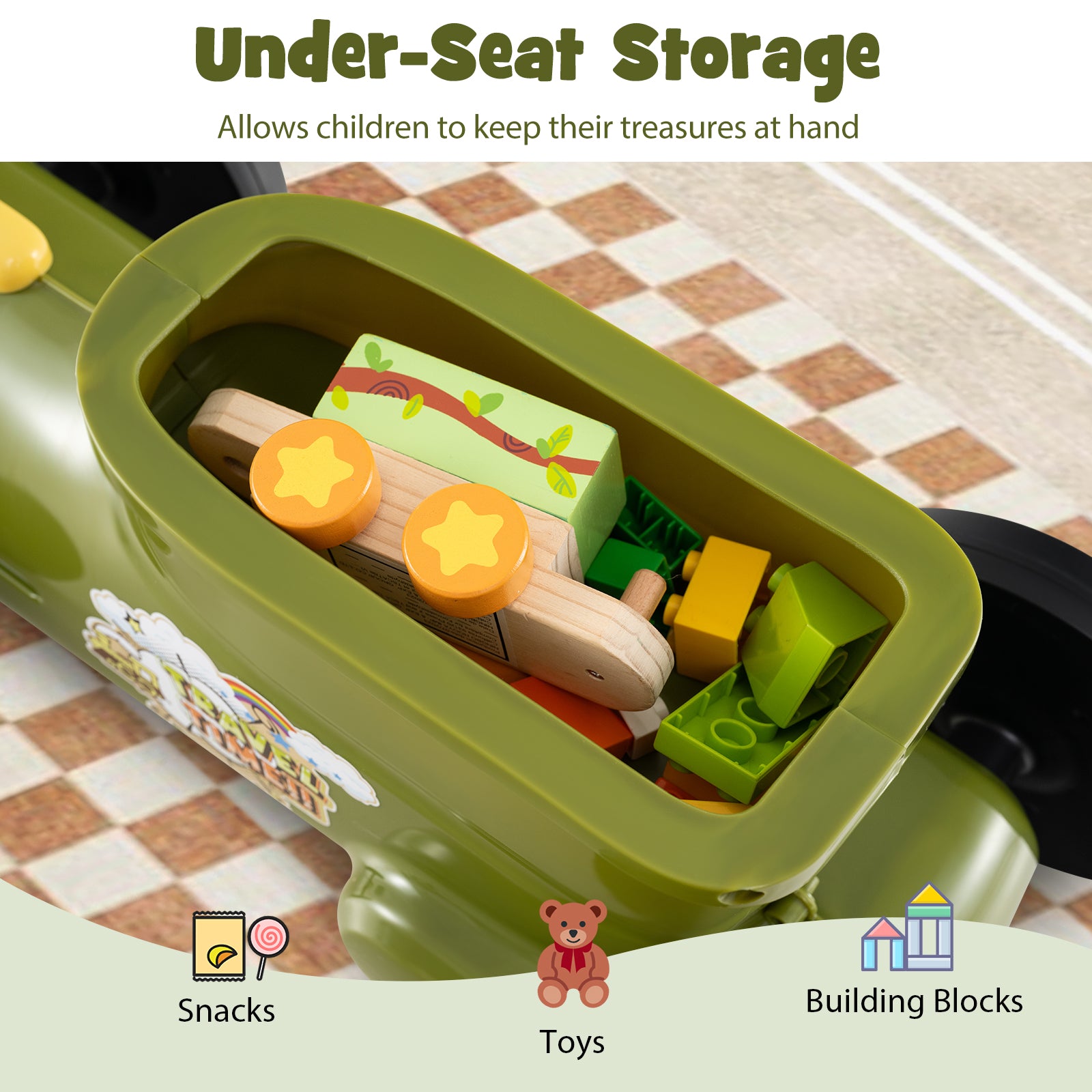 Green under-seat storage compartment with toys and snacks on a checkered floor.