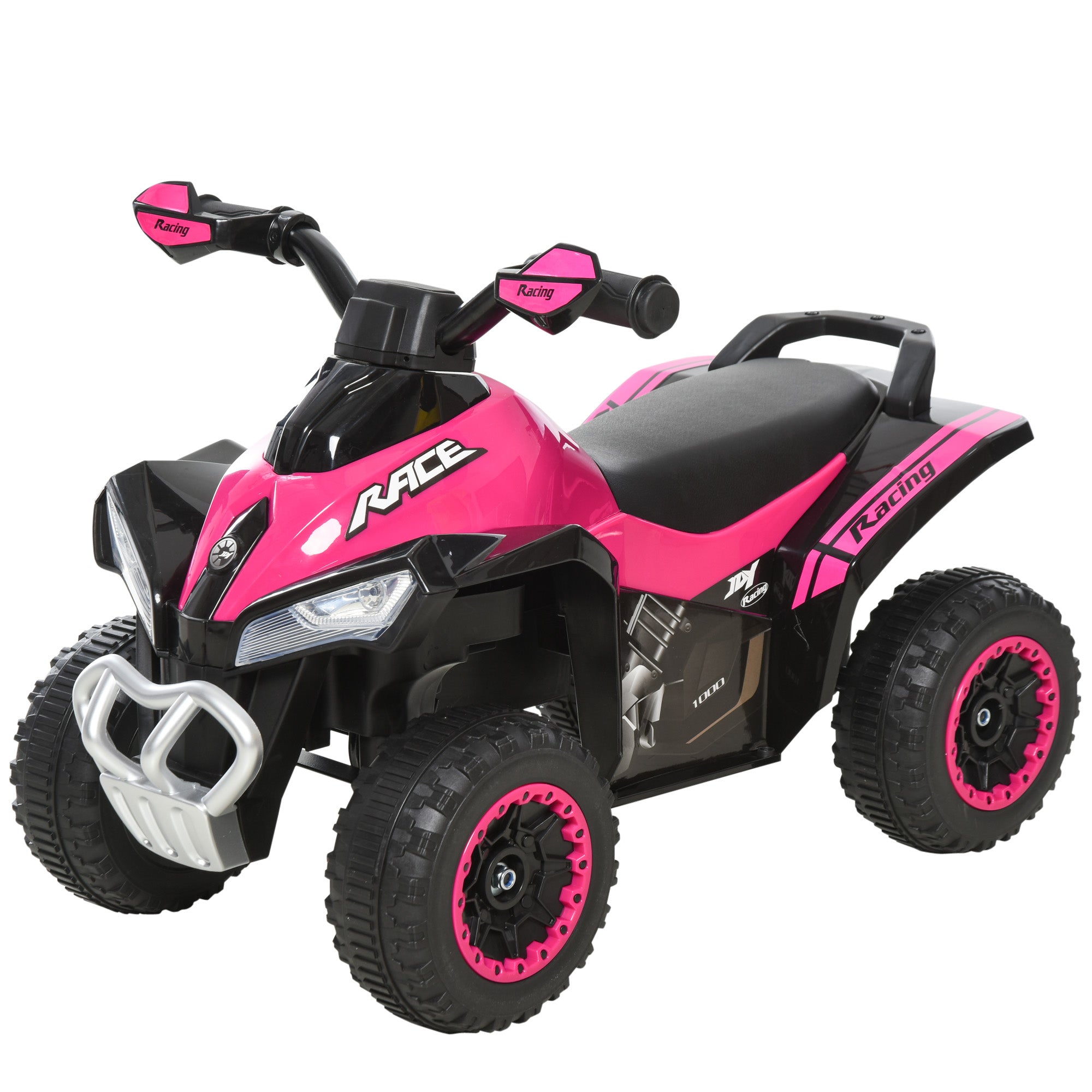 Pink and black toy ATV on a white background
