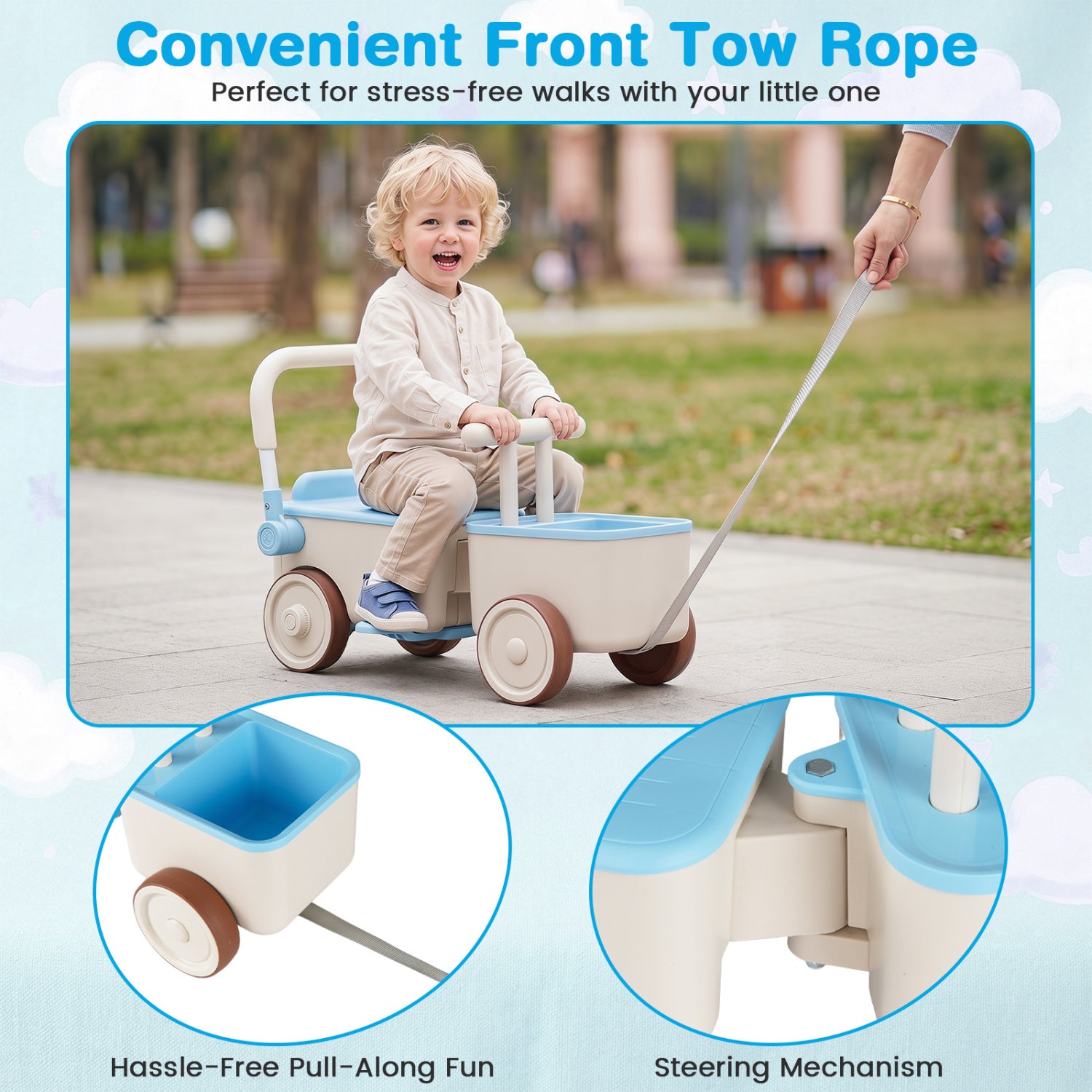 Child riding a toy stroller with a front tow rope, suitable for stress-free walks.