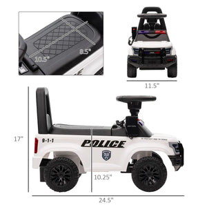 Measurement chart of a toy police car with dimensions labeled.