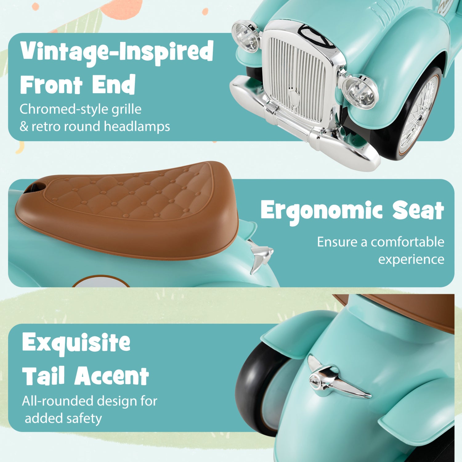 Vintage-inspired scooter with features highlighted on a colorful background