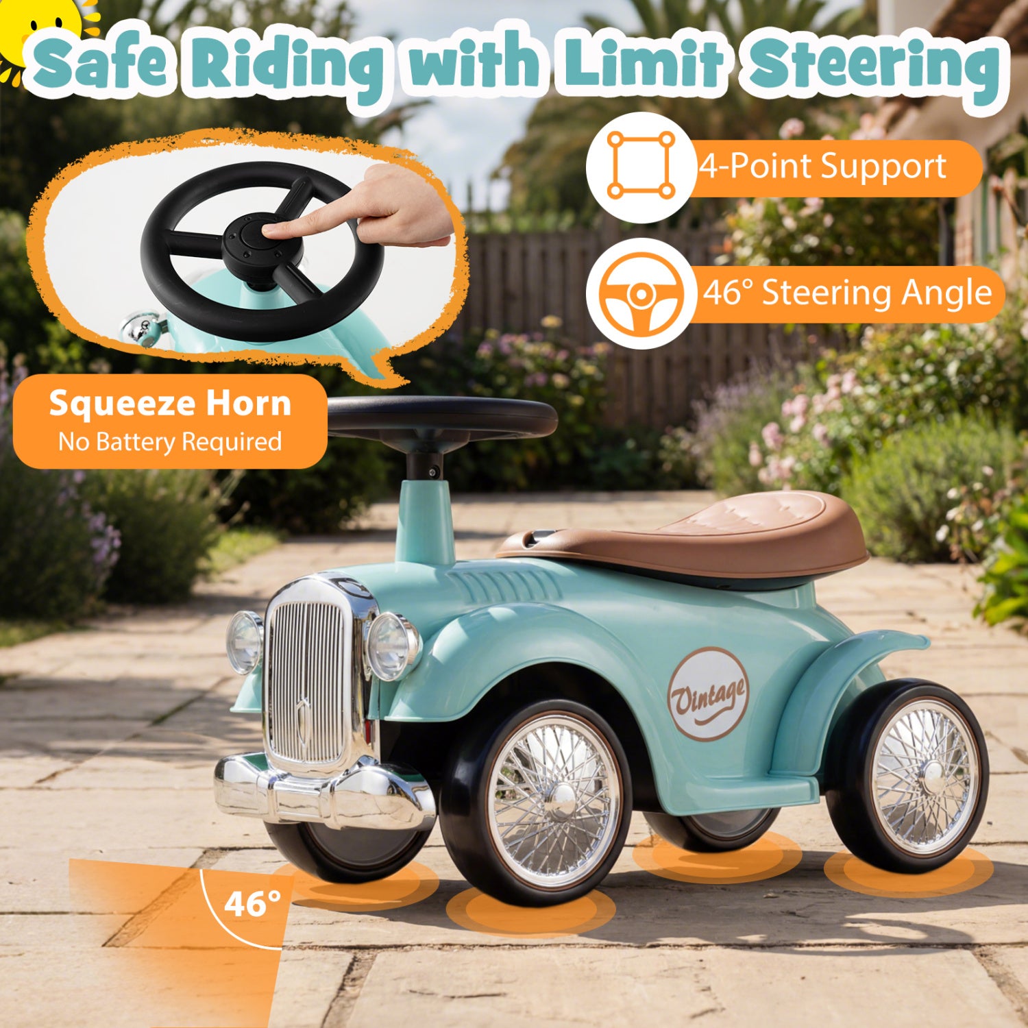 Children's vintage-style push car with features highlighted on a blurred outdoor background