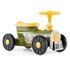 Toy vehicle with green body, yellow accents, and black wheels on a white background