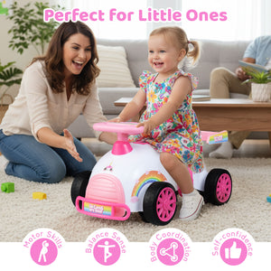 Woman and child playing with a toy car in a living room, with text 'Perfect for Little Ones' and icons below.