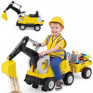 A young child wearing a yellow hard hat and safety vest sits on a yellow and black ride-on toy excavator with a trailer, shown on a white background with a smaller inset view of the excavator.
