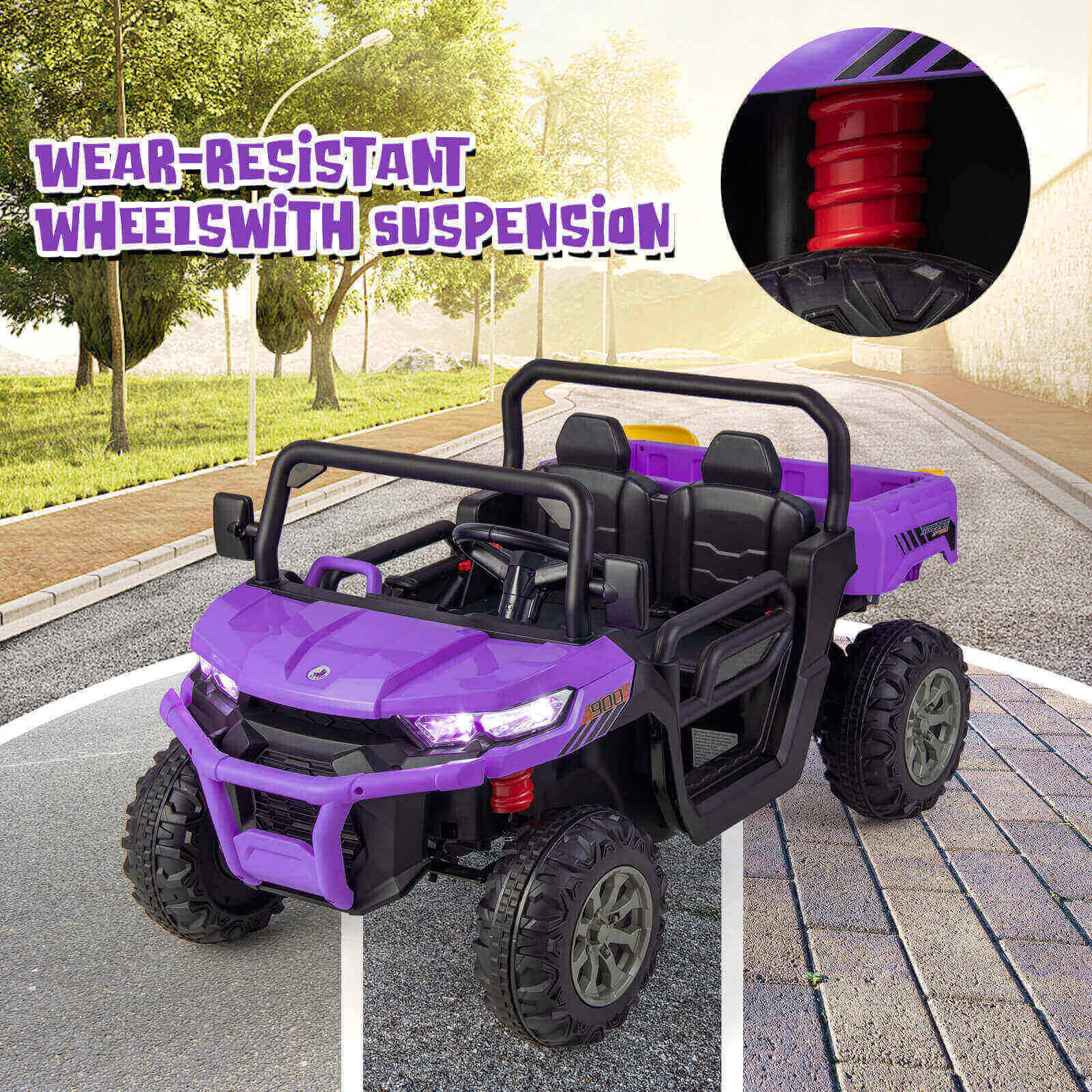 Purple toy off-road vehicle with suspension system feature highlighted on a road.