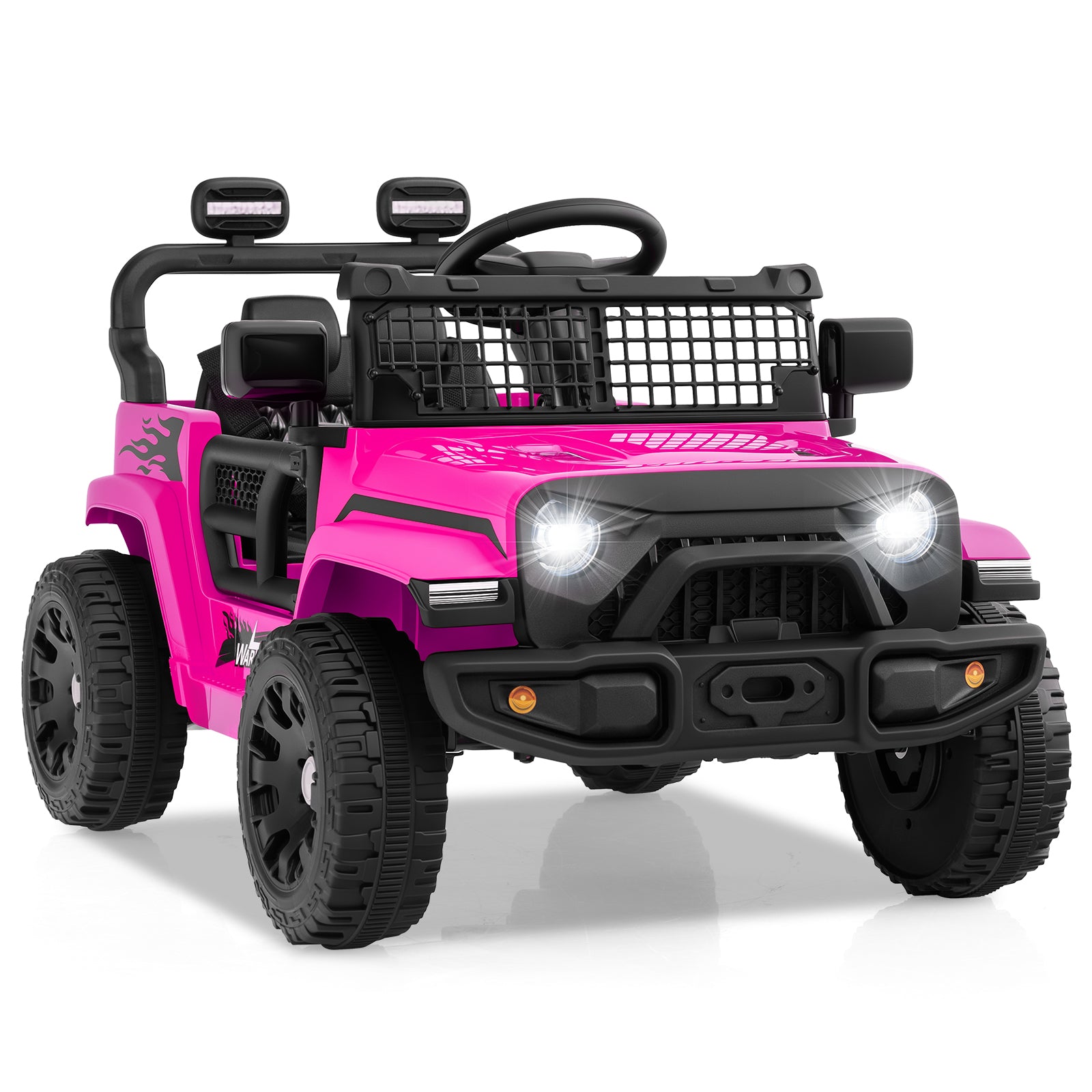 Pink toy SUV with black accents on a white background