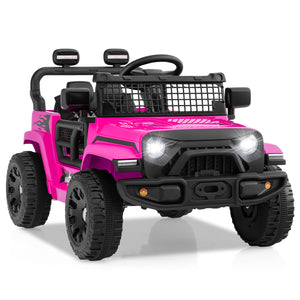 Pink toy SUV with black accents on a white background