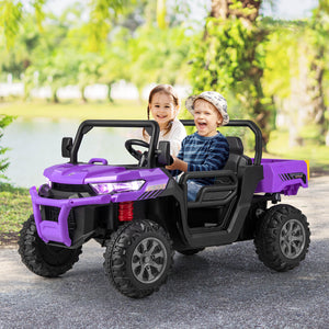 Two children in a purple and black toy off-road vehicle outdoors.
