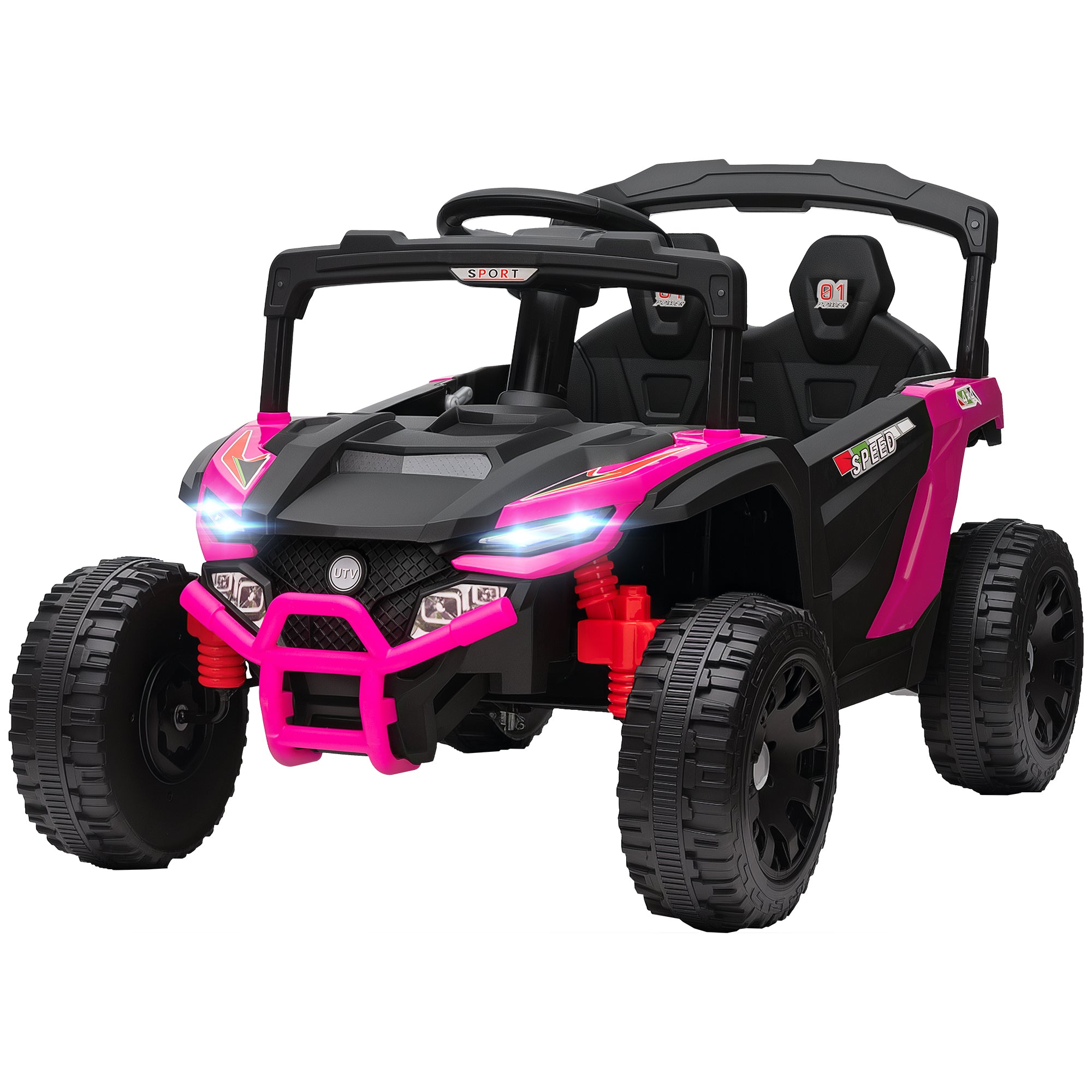 Pink and black toy off-road vehicle on a white background