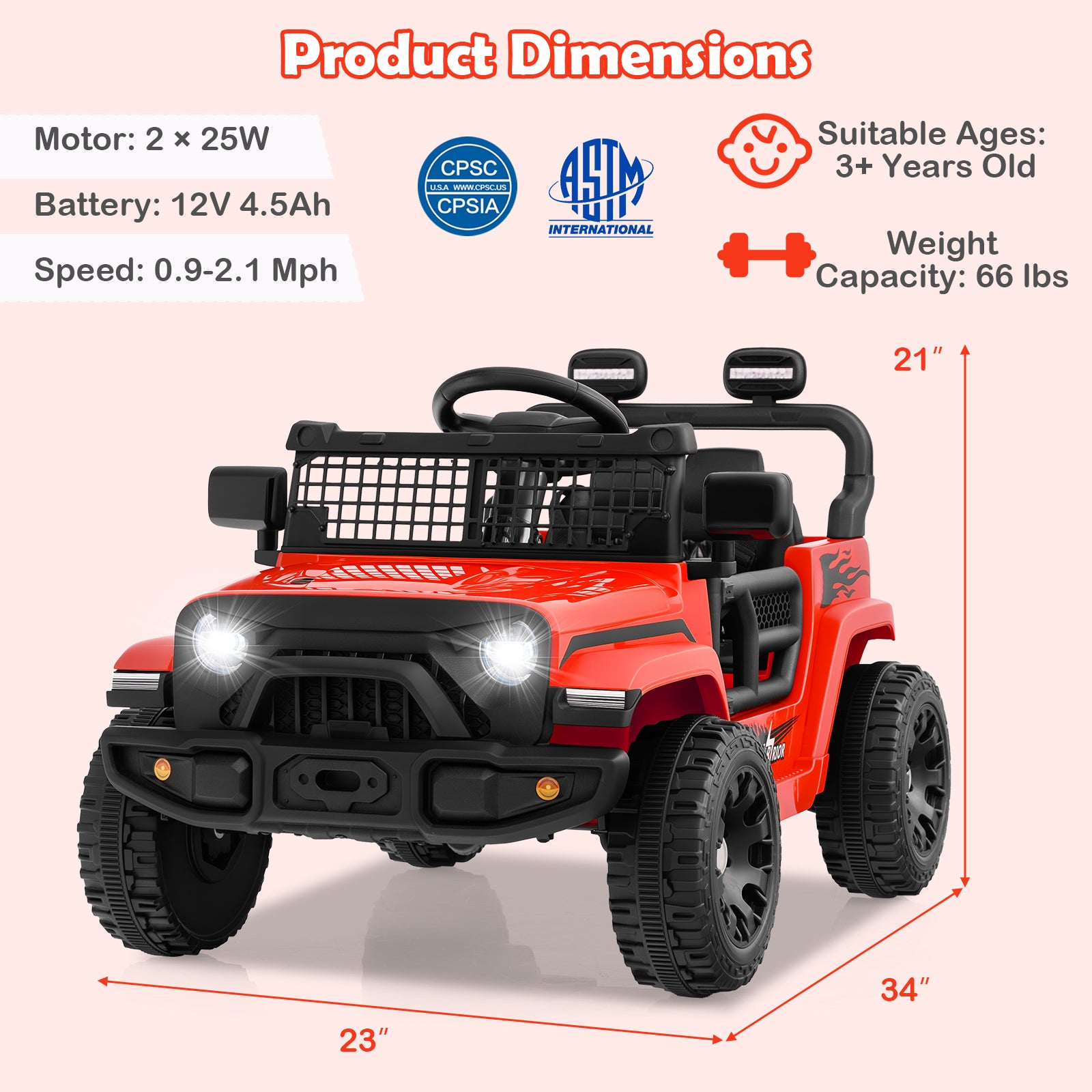 Red toy jeep with product dimensions and safety certification logos on a light pink background