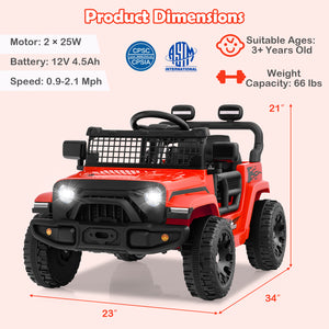 Red toy jeep with product dimensions and safety certification logos on a light pink background