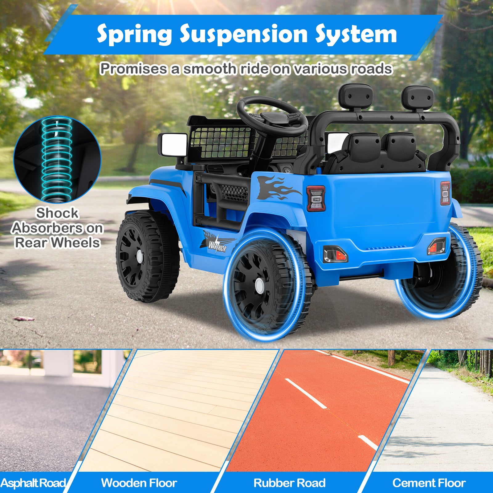 Blue children's electric toy jeep with spring suspension system features on a road surface background.