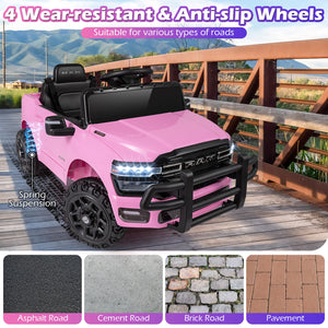 Pink toy truck with wear-resistant and anti-slip wheels on a wooden deck with scenic background.