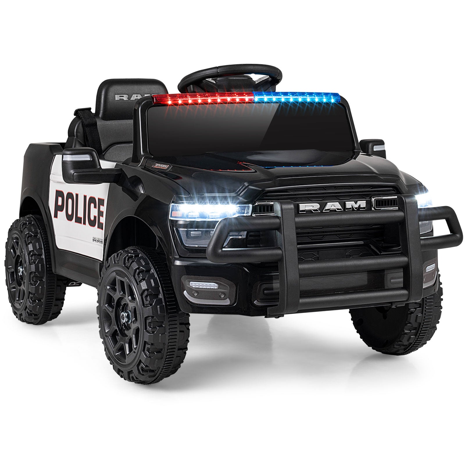 Children's toy police car with lights on a white background