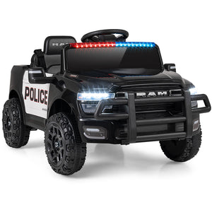 Children's toy police car with lights on a white background