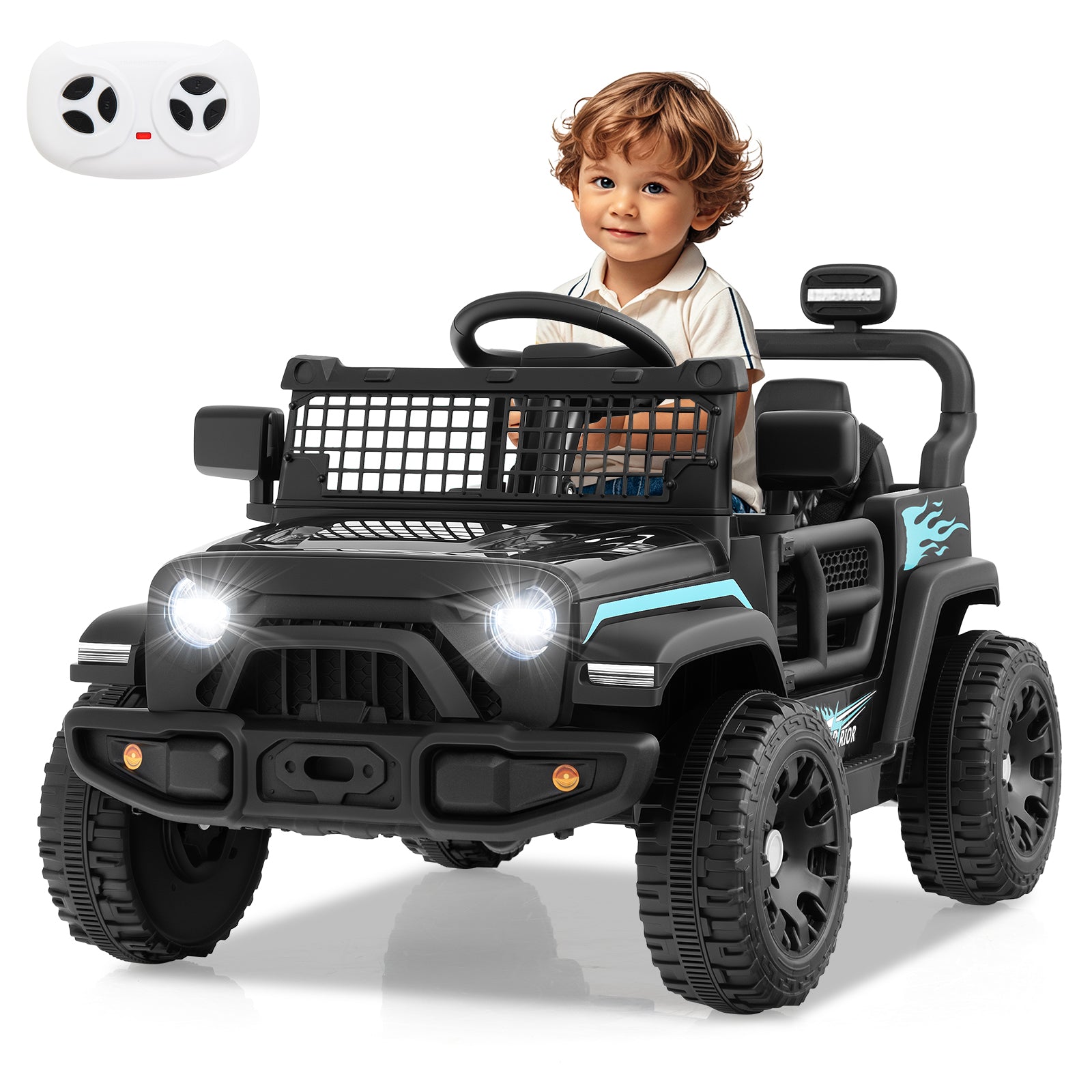 Child sitting in a toy black off-road vehicle with a remote control on a white background