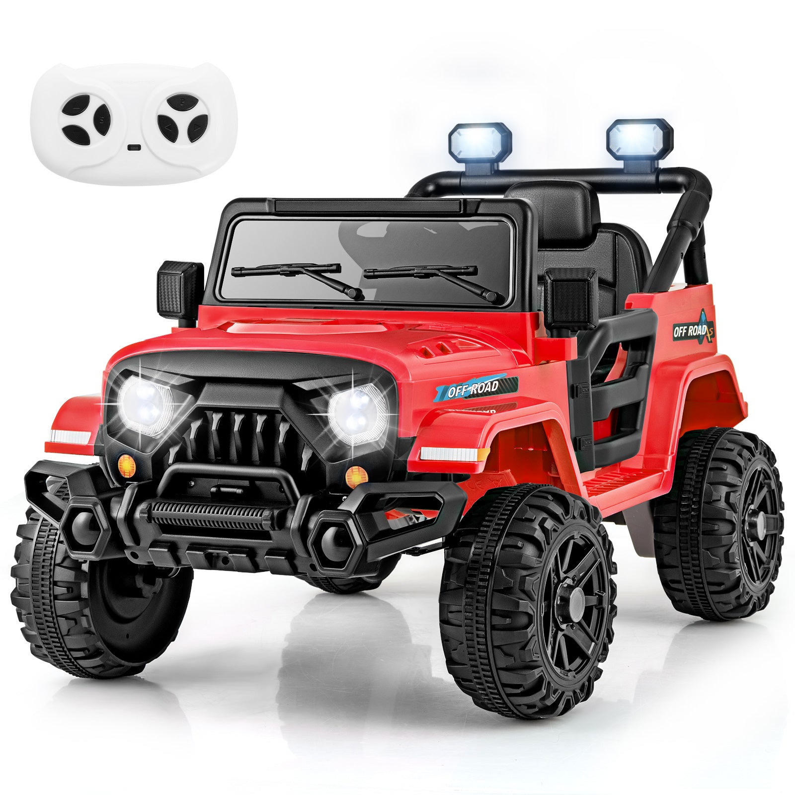 Red toy off-road vehicle with black tires and a remote control on a white background