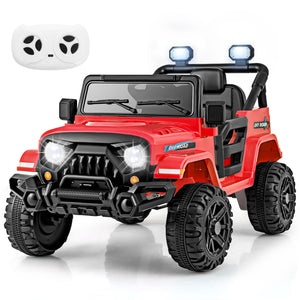 Red toy off-road vehicle with black tires and a remote control on a white background