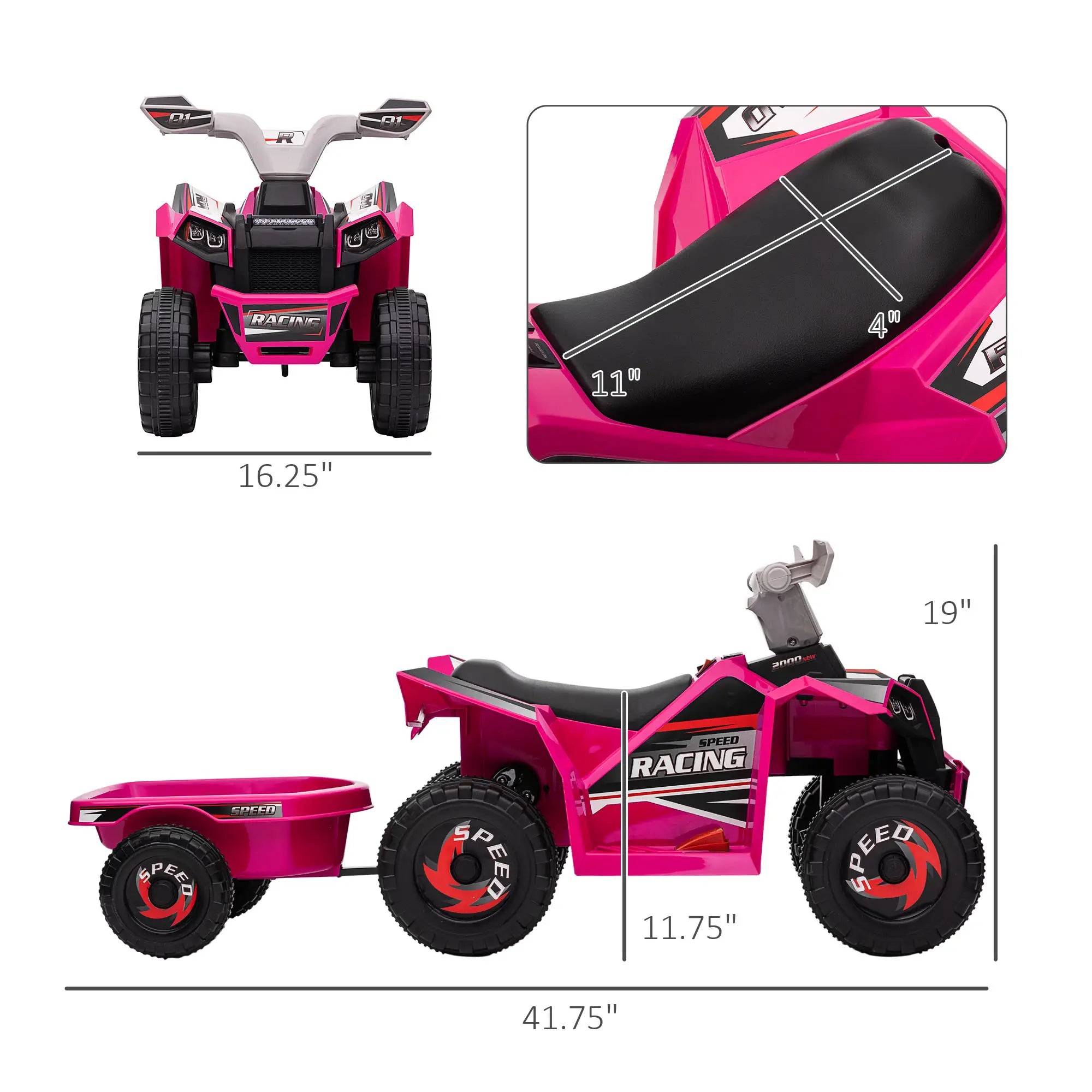 Pink toy ATV with measurements on a white background